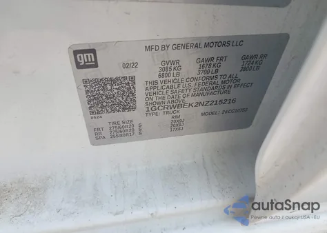 2022 Chevrolet Silverado 1500 Ltd 2Wd Double Cab Standard Bed Custom z USA, uszkodzony, nr VIN 1GCRWBEK2NZ215216